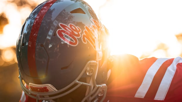 Ole Miss defensive end Cedric Johnson models the Rebels' uniform combination for Saturday's game against Vanderbilt.