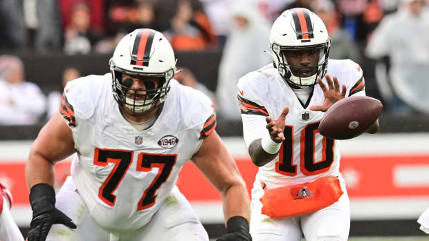 Oct 15, 2023; Cleveland, Ohio, USA; Cleveland Browns quarterback PJ Walker (10) takes the snap behind guard Wyatt Teller (77) during the first half against the San Francisco 49ers at Cleveland Browns Stadium. Mandatory Credit: Ken Blaze-USA TODAY Sports