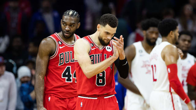 Mar 20, 2023; Philadelphia, Pennsylvania, USA; Chicago Bulls guard Zach LaVine (8) claps his hands after a double overtime victory against the Philadelphia 76ers