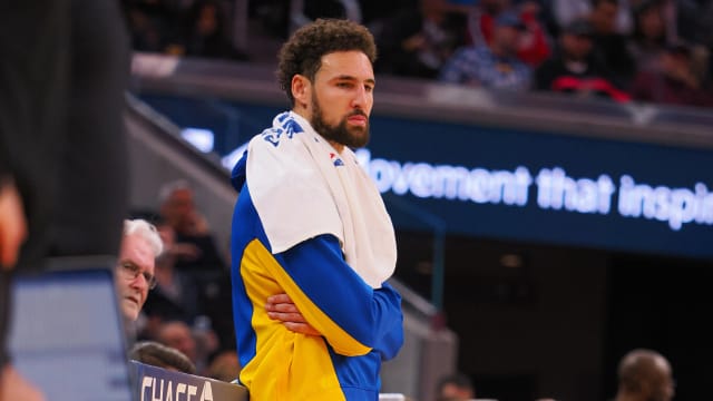 Golden State Warriors guard Klay Thompson (11) waits to reenter the game during the third quarter against the Los Angeles Clippers at Chase Center.