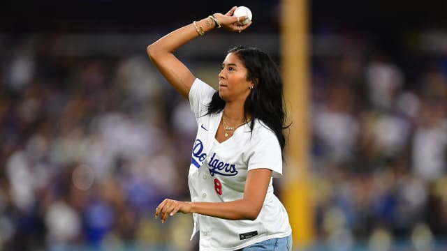 Natalia Bryant throws out the ceremonial first pitch at Dodger Stadium.