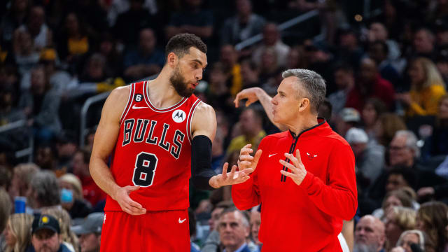 Feb 15, 2023; Indianapolis, Indiana, USA; Chicago Bulls guard Zach LaVine (8) and head coach Billy Donovan in the second half against the Indiana Pacers at Gainbridge Fieldhouse.