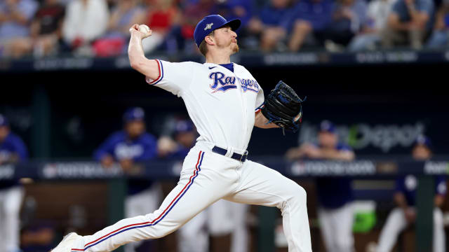 Oct 20, 2023; Arlington, Texas, USA; Texas Rangers pitcher Josh Sborz (66) throws during the sixth inning of game five in the ALCS against the Houston Astros for the 2023 MLB playoffs at Globe Life Field. Mandatory Credit: Andrew Dieb-USA TODAY Sports  