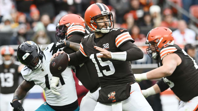 Dec 10, 2023; Cleveland, Ohio, USA; Cleveland Browns quarterback Joe Flacco (15) throws a pass during the first half against the Jacksonville Jaguars at Cleveland Browns Stadium.