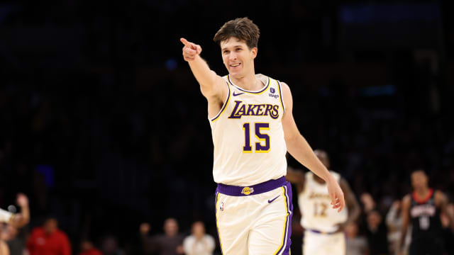 Los Angeles Lakers guard Austin Reaves celebrates after a made shot.