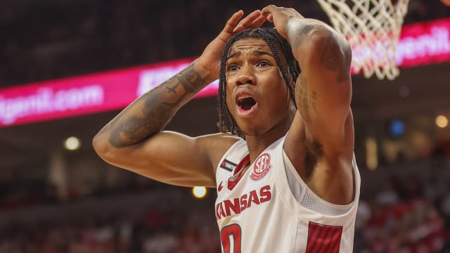 Arkansas guard Khalif Battle is surprised by a call during a game against Abilene Christian.