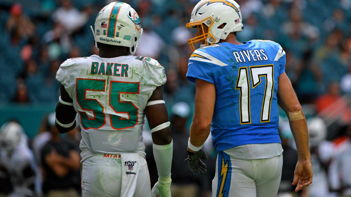 Miami Dolphins outside linebacker Jerome Baker (55) against the