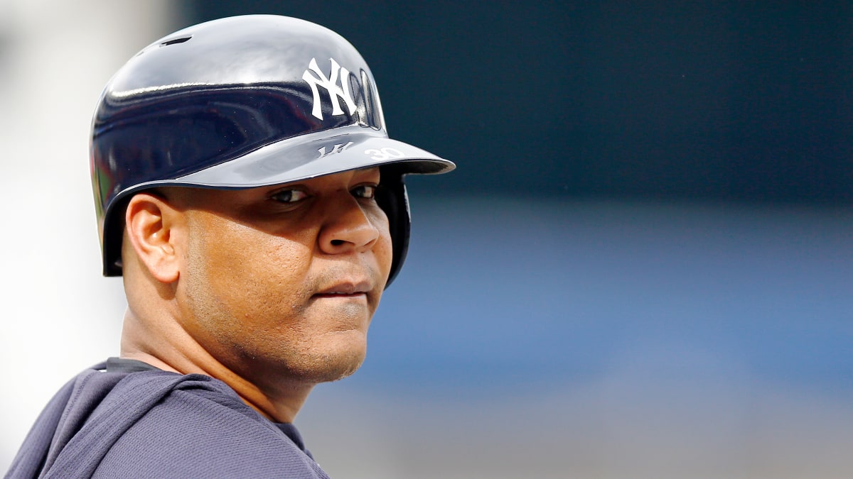 New York Yankees' Edwin Encarnacion addresses the media Sunday, Oct. 6,  2019, in Minneapolis as the team prepares for Game 3 of the American League  Division Series baseball playoffs against the Minnesota