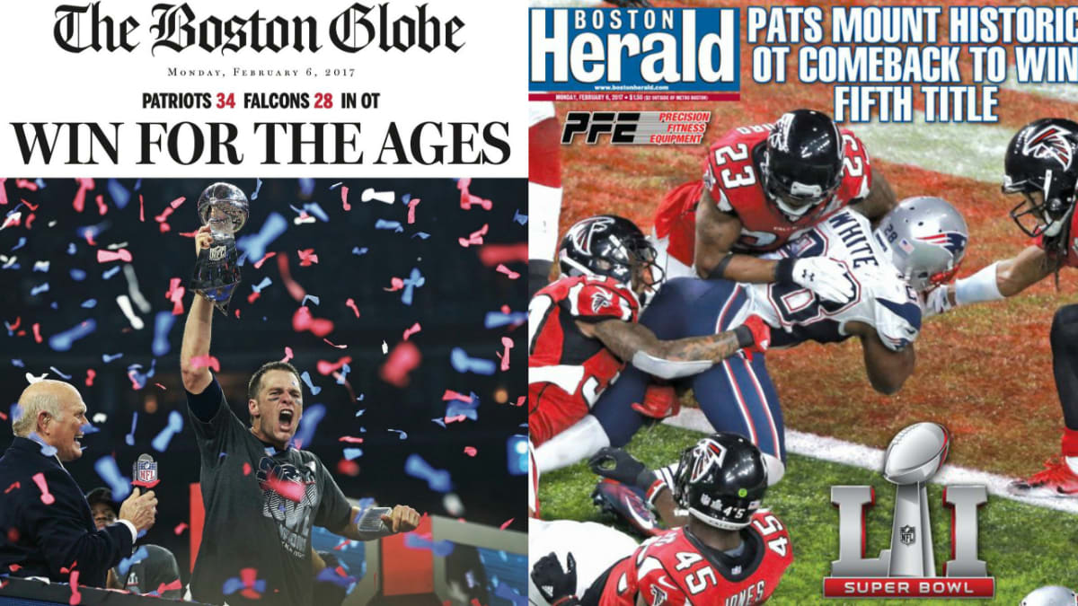 Boston Globe early edition ran with Patriots losing Super Bowl LI