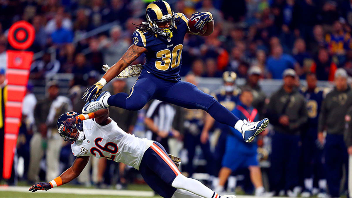 Todd Gurley of the Los Angeles Rams carries the ball for a 12 yard