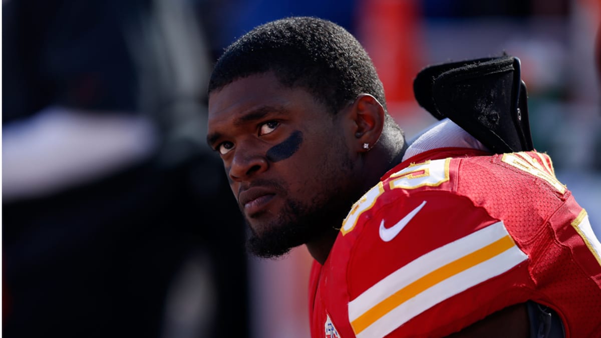 In this Dec. 11, 2011, file photo, Kansas City Chiefs' Jovan Belcher sits  on the sidelines during the third quarter of the NFL football game against  the New York Jets in East