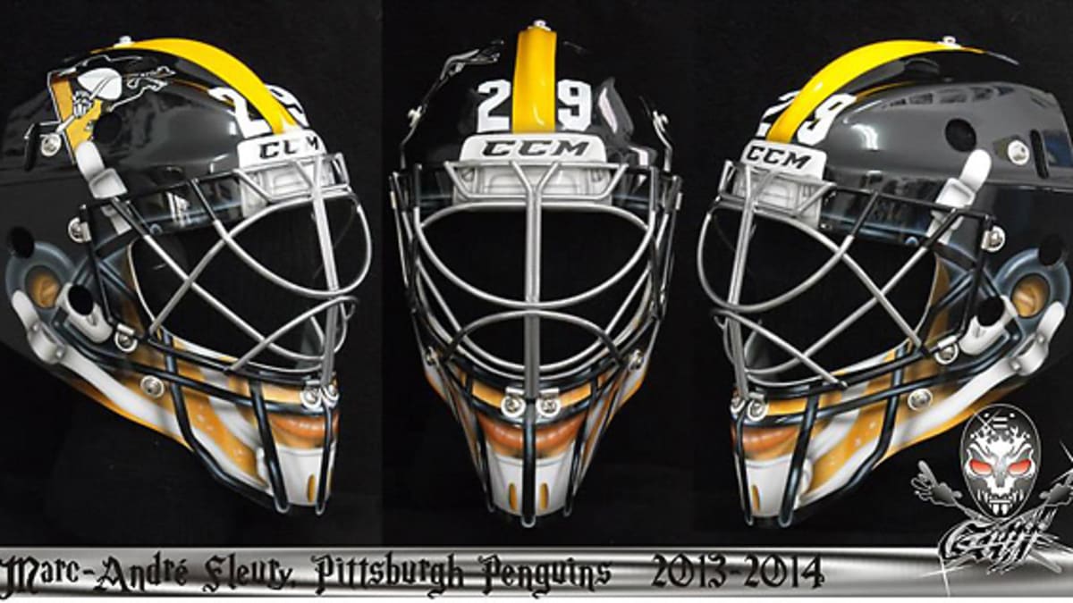 Pittsburgh Penguins goalie Marc-Andre Fleury wave a terrible towel wearing  a Pittsburgh Steelers helmet following the 3-0 shut out win against the New  York Rangers at Mellon Arena in Pittsburgh on January