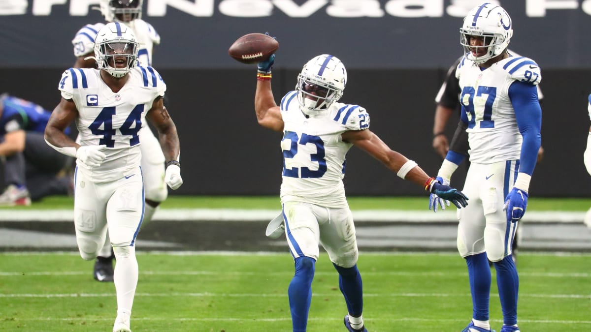 Indianapolis Colts cornerback Kenny Moore II (23) wears the name of  Kendrick Johnson, on his helmet bumper before an NFL football game against  the Houston Texans in Indianapolis, Sunday, Dec. 20, 2020. (