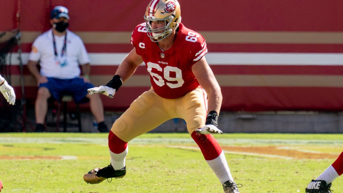 San Francisco 49ers Mike McGlinchey (69) is seen on the sideline during an  NFL football game against the Green Bay Packers, Sunday, Sept. 26, 2021, in  Santa Clara, Calif. (AP Photo/Scot Tucker