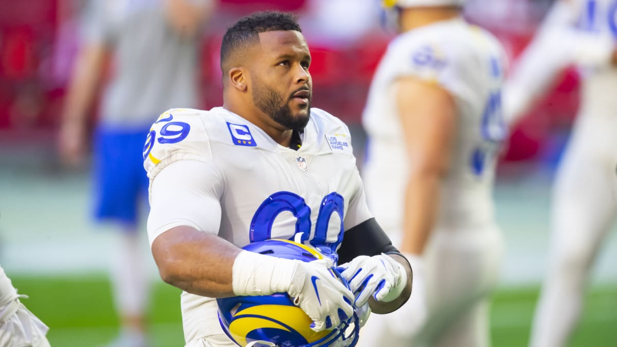 Aaron Donald #99 leads out Los Angeles Rams v Jets 2020 Images