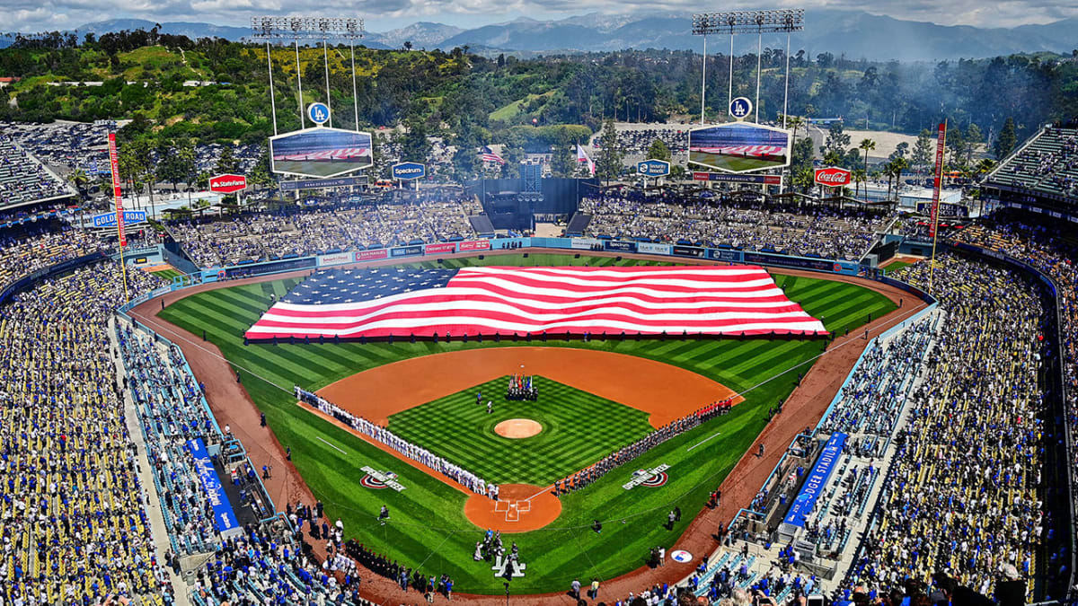 The U.S. flag unfurls in the evening breeze on Flag Day during the Atlanta  Braves and