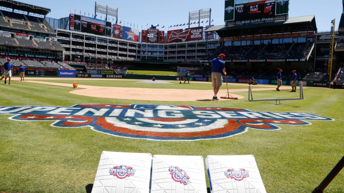 Texas Rangers play MLB home opener in front of packed stadium.