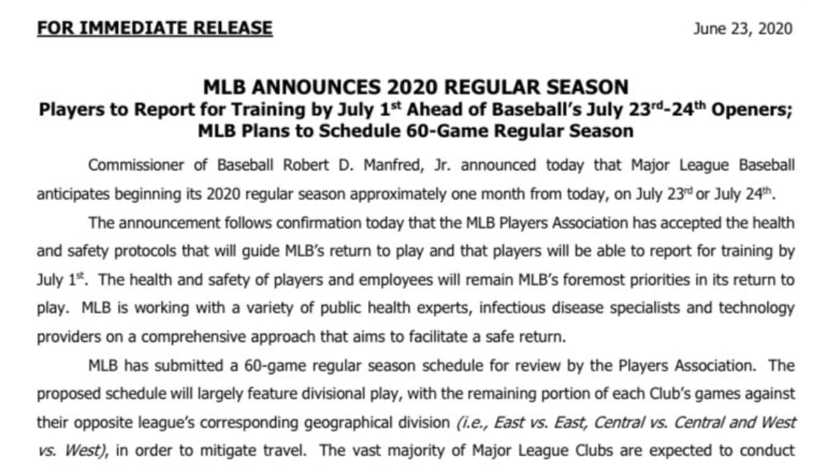 MLB announces 2020 regular season