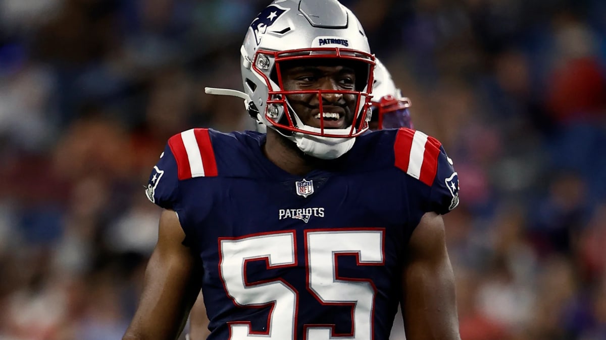 New England Patriots linebacker Josh Uche (55) lines up against the Arizona  Cardinals during the first half of an NFL football game, Monday, Dec. 12,  2022, in Glendale, Ariz. (AP Photo/Rick Scuteri