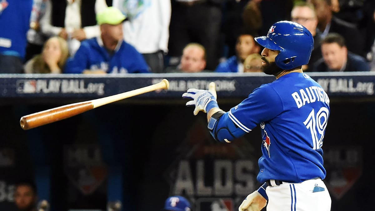 October 14, 2015: Toronto Blue Jays Right field Jose Bautista (19) [4530]  homers and flips his bat in the air in the 7th inning during the Toronto  Blue Jays 6-3 victory over