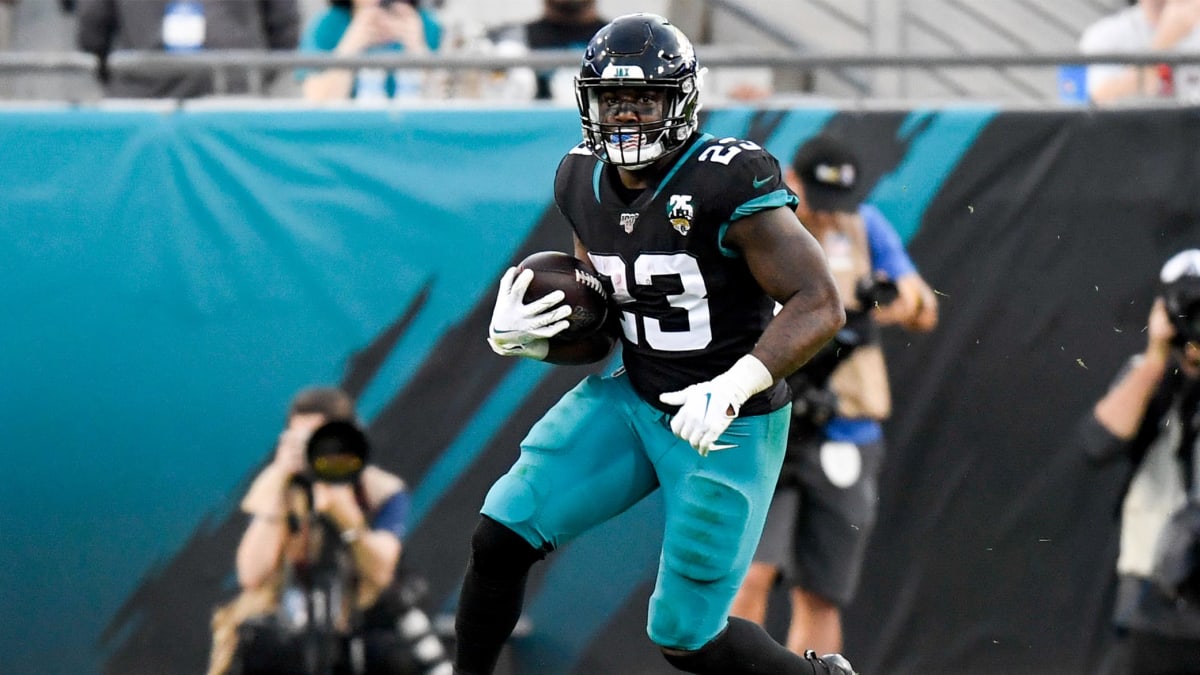 Jacksonville Jaguars running back Ryquell Armstead (23) is tripped