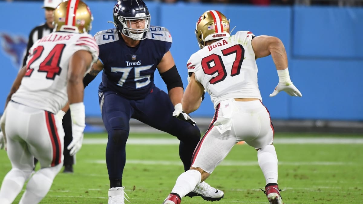 Tennessee Titans offensive tackle Dillon Radunz (75) lines up during the  first half of a preseason NFL football game against the Atlanta Falcons,  Friday, Aug. 13, 2021, in Atlanta. The Tennessee Titans