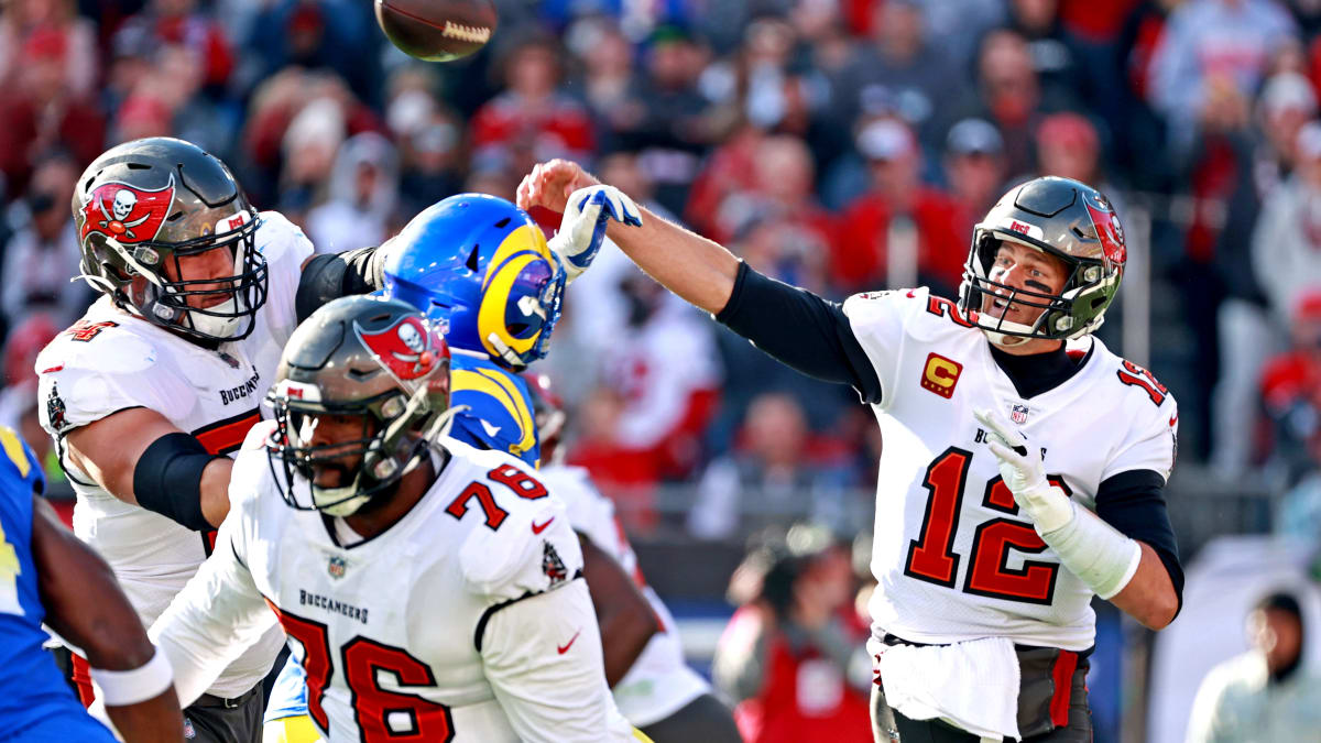 Tampa Bay Buccaneers quarterback Tom Brady (12) wears a Salute to Service  sticker during an NFL football game against the Los Angeles Rams, Sunday,  Nov. 6, 2022 in Tampa, Fla. The Buccaneers