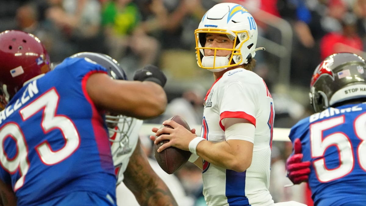 LAS VEGAS, NV - FEBRUARY 06: Los Angeles Chargers quarterback Justin  Herbert (10) waits to be interviewed after being selected as the offensive  MVP of the NFL Pro Bowl presented by Verizon