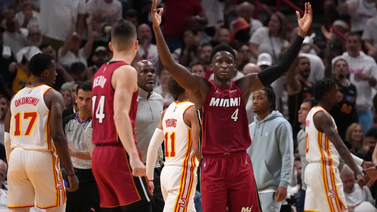 Miami Heat guard Victor Oladipo (4) aims a free throw shot during the  second half of