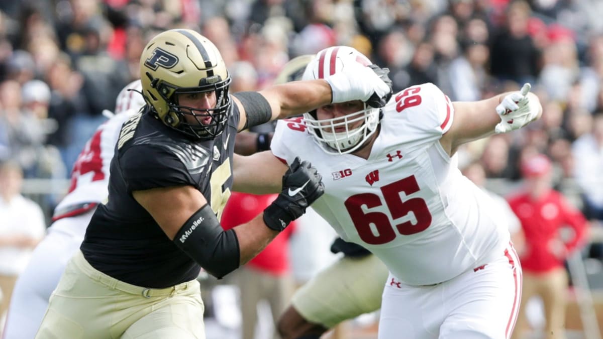 Purdue defensive end George Karlaftis at the NFL Red Carpet Stage on  Thursday, April 28, 2022, …