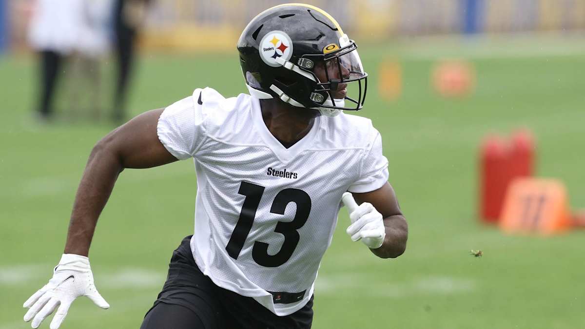 Pittsburgh Steelers wide receiver Miles Boykin (13) warms up wearing a  patch on his uniform for the 50th anniversary of the Immaculate Reception  before an NFL football game against the Las Vegas