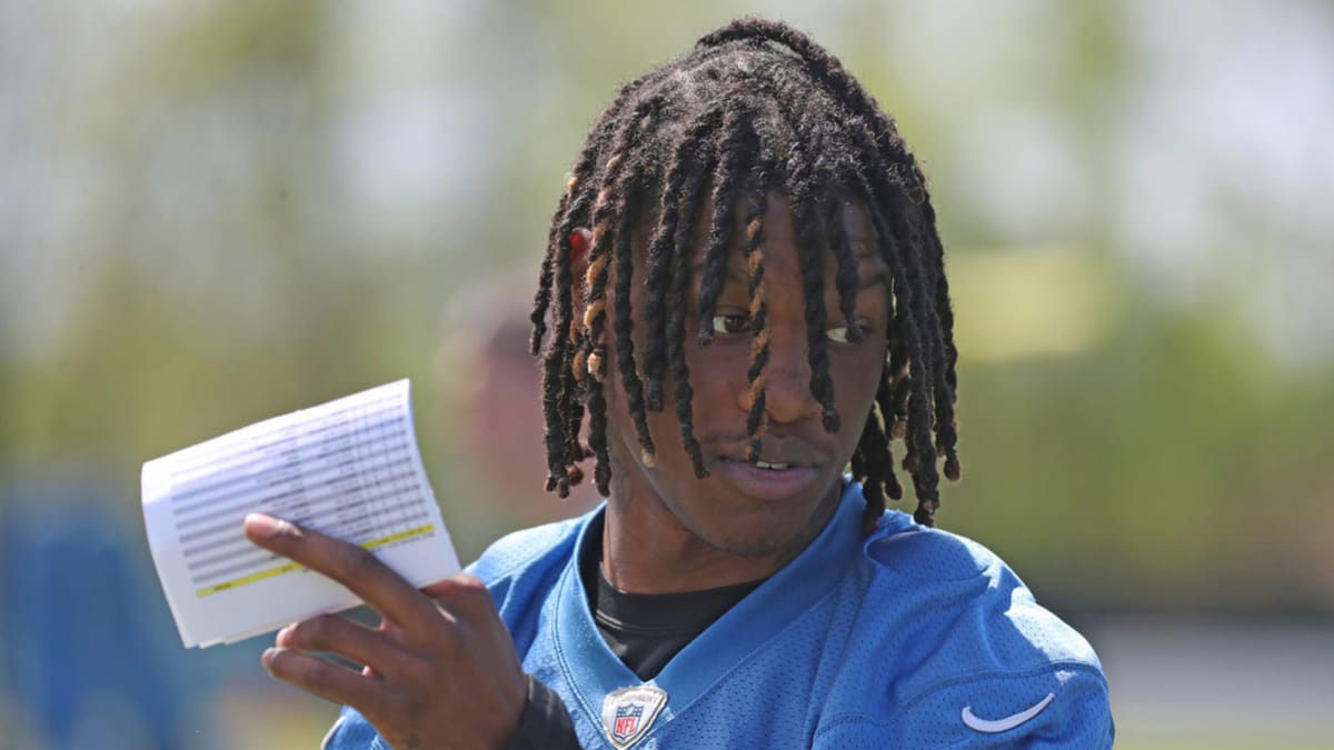 Detroit Lions' Jameson Williams wearing Matthew Stafford's No. 9