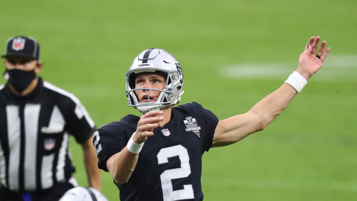 JACKSONVILLE, FL - NOVEMBER 06: Las Vegas Raiders place kicker Daniel  Carlson (2) kicks during the g