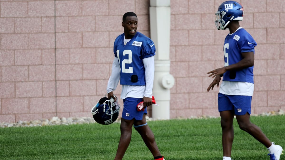 New York Giants wide receiver John Ross (12) fails to keep possesion on a  pass against the Dallas Cowboys during an NFL football game in Arlington,  Texas, Sunday, Oct. 10, 2021. (AP