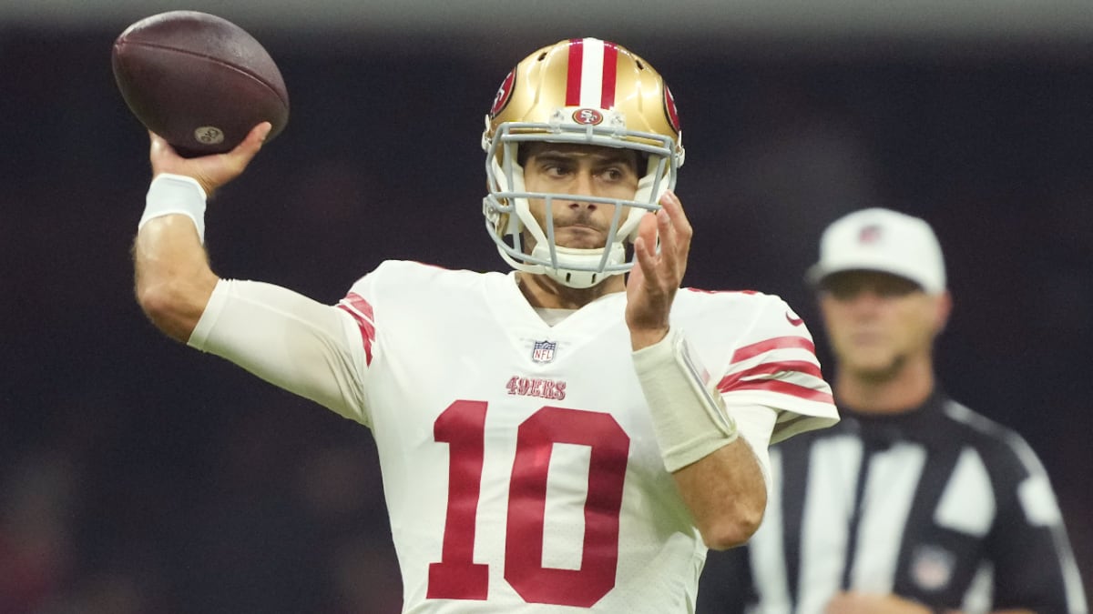 August 25, 2018: San Francisco 49ers quarterback Jimmy Garoppolo (10)  during pregame of NFL football preseason game action between the San  Francisco 49ers and the Indianapolis Colts at Lucas Oil Stadium in