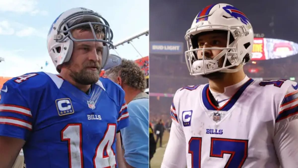 Buffalo Bills quarterback Josh Allen warms up in a signed Ryan Fitzpatrick  Bills jersey