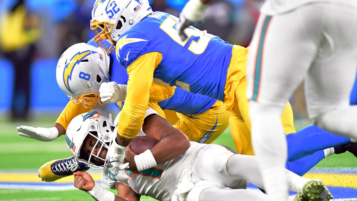 Kyle Van Noy of the Los Angeles Chargers looks down field against