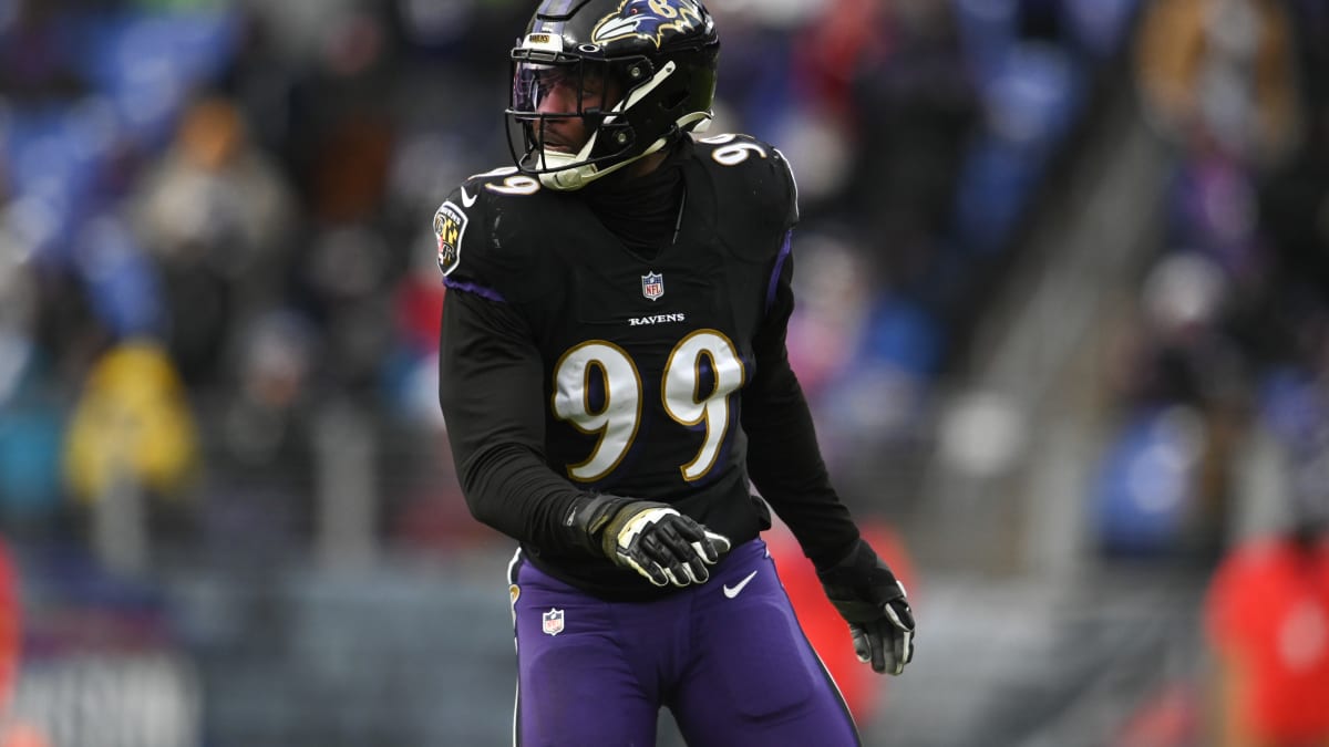 Baltimore Ravens linebacker Odafe Oweh (99) in action during the third  quarter an NFL preseason football game against the New Orleans Saints  Saturday, Aug. 14, 2021, in Baltimore. (AP Photo/Terrance Williams Stock