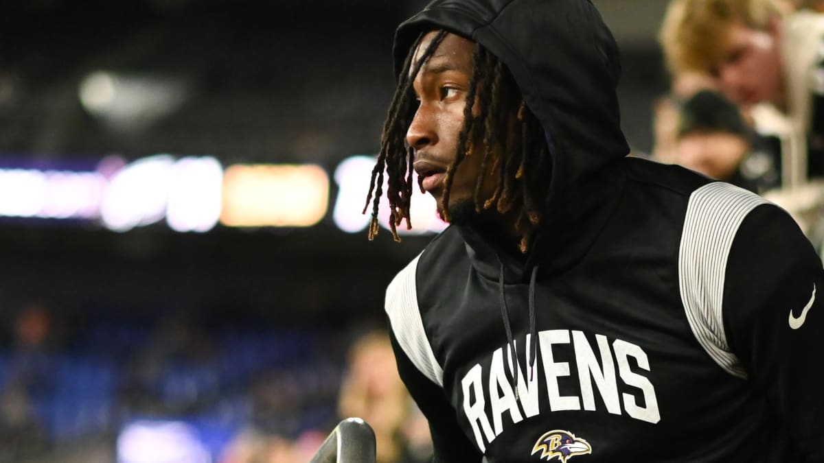 Baltimore Ravens cornerback Jalyn Armour-Davis (5) walks off the