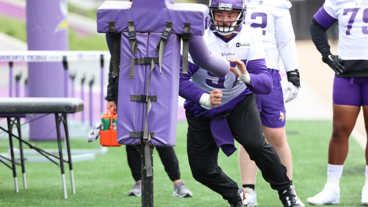 Minnesota Vikings defensive tackle Harrison Phillips walks on the field  during warm ups before the first half of an NFL football game agains the  Tennessee Titans, Saturday, Aug. 19, 2023, in Minneapolis. (