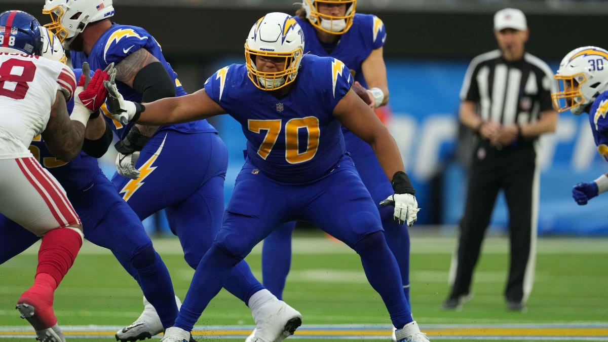 Los Angeles Chargers offensive tackle Rashawn Slater (70) gets set for a  play on the line of scrimmage during an NFL football game against the  Kansas City Chiefs Sunday, Sept. 26, 2021