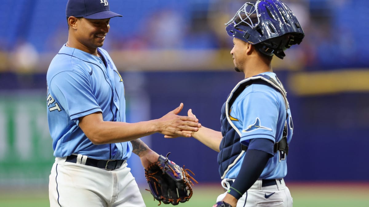 Tampa Bay Rays catcher Christian Bethancourt, right, leans away as first  baseman Ji-Man Choi catches a foul ball during a baseball game against the  Baltimore Orioles Saturday, July 16, 2022, in St.