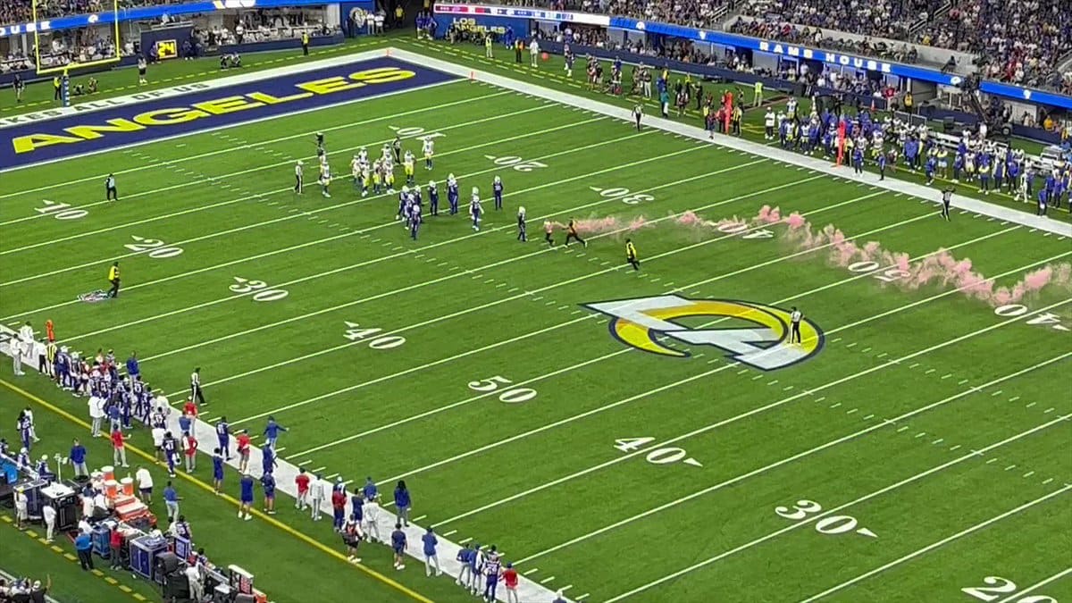 A fan halts play in the NFL season opener by sprinting onto the SoFi  Stadium field with a pink FLARE