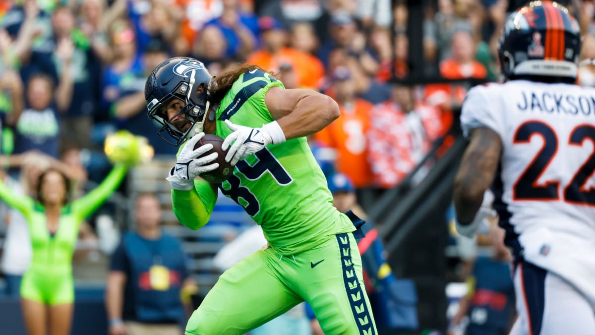 Seattle Seahawks tight end Colby Parkinson (84) stands on the field during  the first half of an NFL football game against the Los Angeles Rams, Sunday,  Jan. 8, 2023, in Seattle. (AP