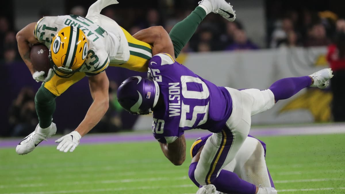 Green Bay Packers linebacker Eric Wilson (45) runs up the field during an NFL  football game against the New York Giants at Tottenham Hotspur Stadium in  London, Sunday, Oct. 9, 2022. The