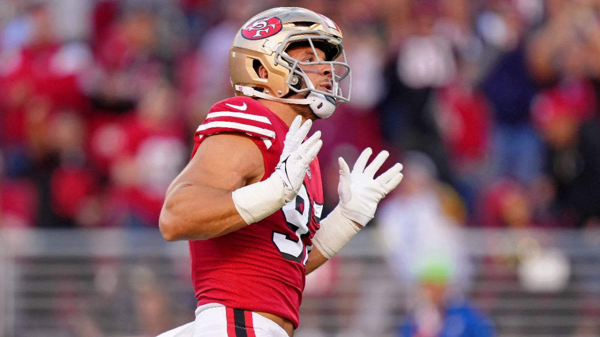 San Francisco 49ers defensive end Nick Bosa (97) rushes during an NFL  football game against the New Orleans Saints, Sunday, Nov.27, 2022, in  Santa Clara, Calif. (AP Photo/Scot Tucker Stock Photo - Alamy