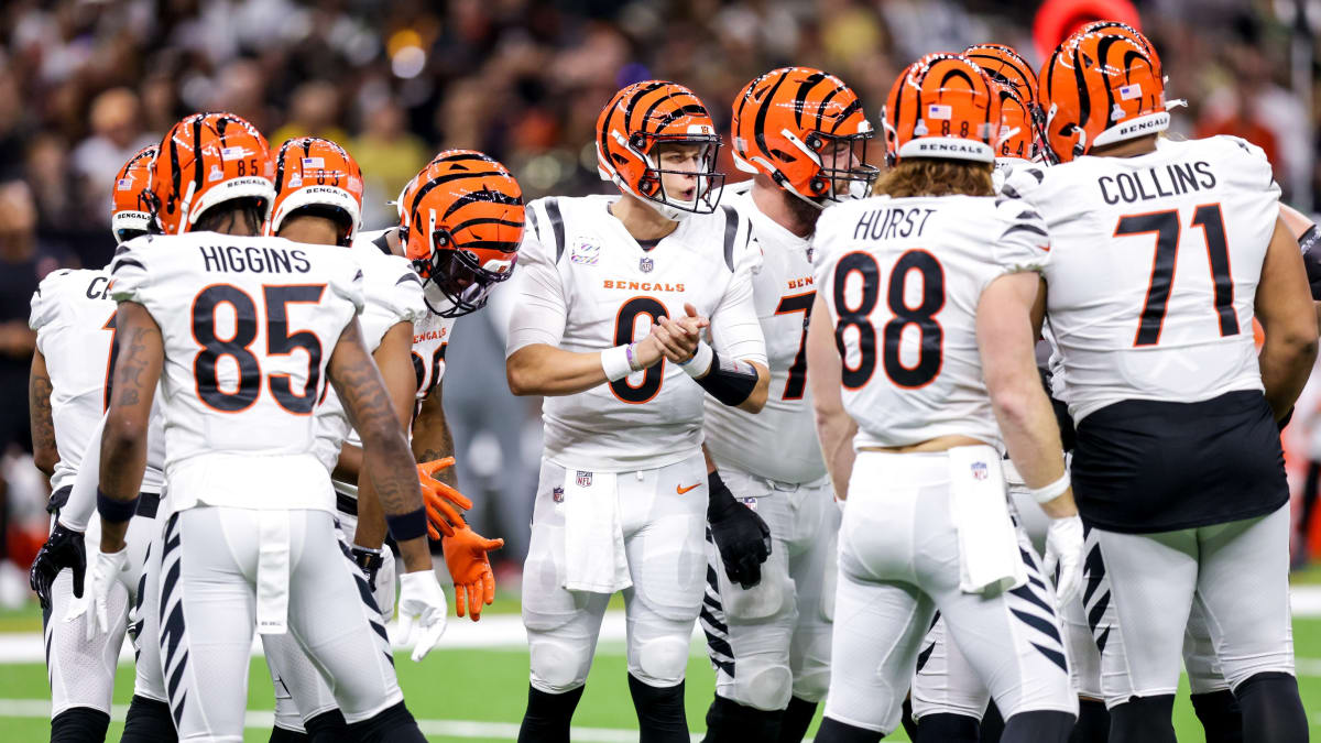 Cincinnati Bengals quarterback Joe Burrow (9) and wide receiver Ja'Marr  Chase (1) are interview by CBS Sports reporter AJ Ross after an NFL  football game against the New Orleans Saints, Sunday, Oct.