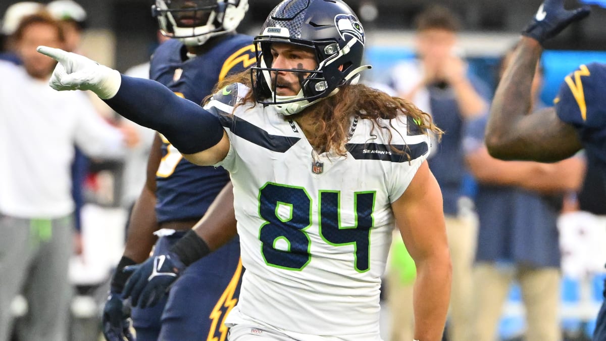 Seattle Seahawks tight end Colby Parkinson (84) stands on the field during  the first half of an NFL football game against the Los Angeles Rams,  Sunday, Jan. 8, 2023, in Seattle. (AP