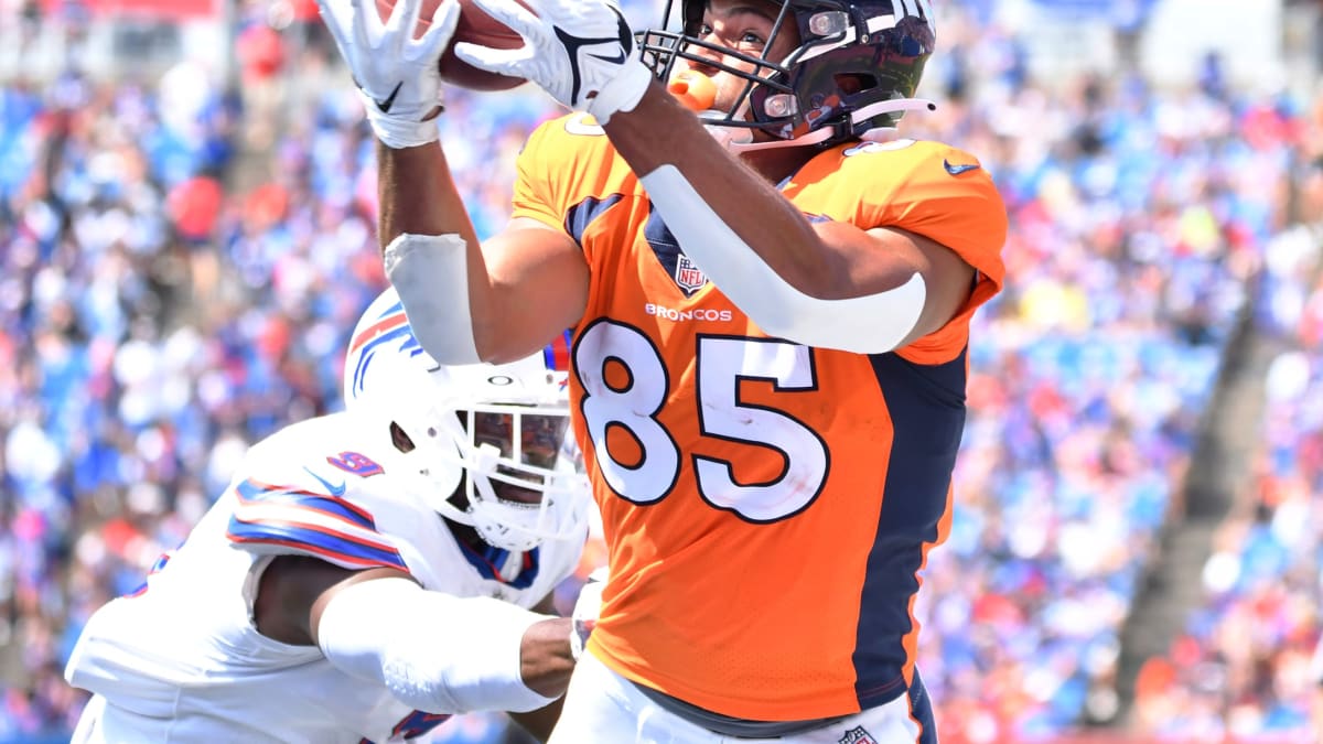 Denver, Colorado, USA. 26th Aug, 2023. Broncos TE ALBERT OKWUEGBUNAM leaps  over an attempted tackle during the 1st. Half at Empower Field at Mile High  Saturday night. Broncos beat the Rams 41-0