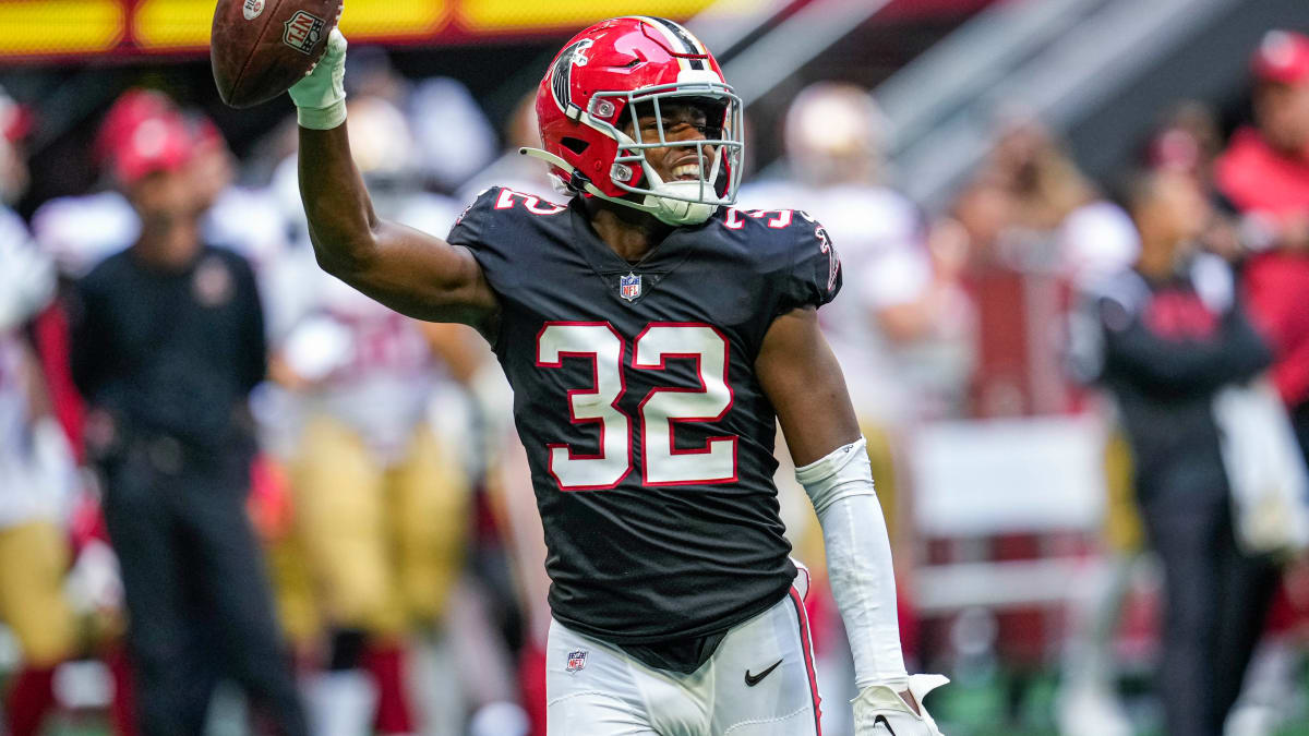 Atlanta Falcons' Jaylinn Hawkins (right) makes an interception during the  match which is part of the NFL London Games at Tottenham Hotspur Stadium,  London. Picture date: Sunday October 10, 2021 Stock Photo - Alamy